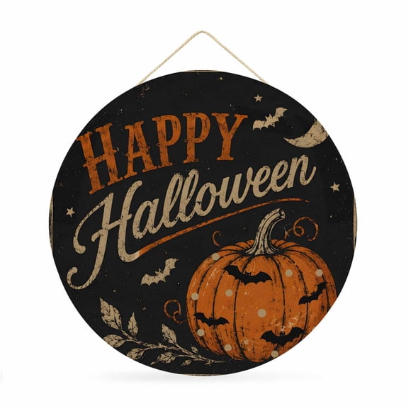 Welcome Sign for Front Door, Happy Halloween Round Metal Wall Art Wreaths, Black Orange Horror Pumpkin Moon Bat Outdoor Indoor Wall Hanging Sign for Porch Decor Housewarming Gifts 11.8 Inch