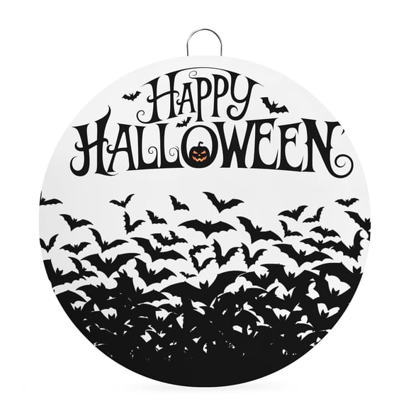 Welcome Sign for Front Door, Happy Halloween Round Metal Wall Art Wreaths, Cartoon Black Bat Scary White Outdoor Indoor Wall Hanging Sign for Porch Decor Housewarming Gifts 7.9 Inch