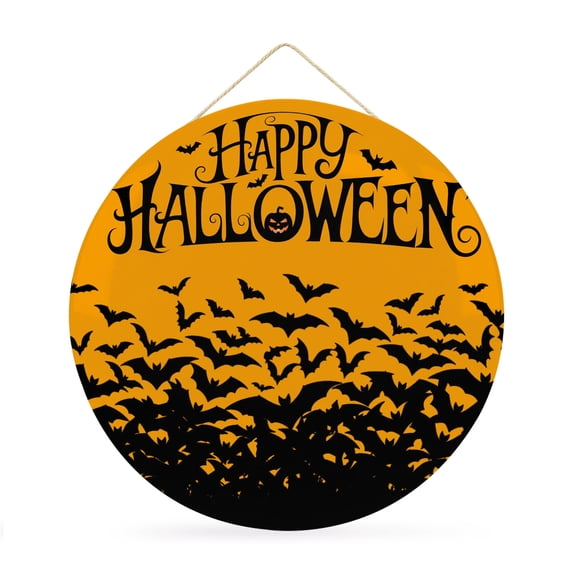 Welcome Sign for Front Door, Happy Halloween Round Metal Wall Art Wreaths, Orange Farmhouse Black Bat Scary Outdoor Indoor Wall Hanging Sign for Porch Decor Housewarming Gifts 11.8 Inch