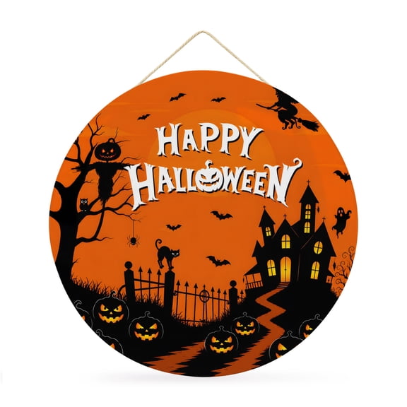 Welcome Sign for Front Door, Happy Halloween Round Metal Wall Art Wreaths, Orange Ghost Pumpkins Witch Castle Outdoor Indoor Wall Hanging Sign for Porch Decor Housewarming Gifts 11.8 Inch