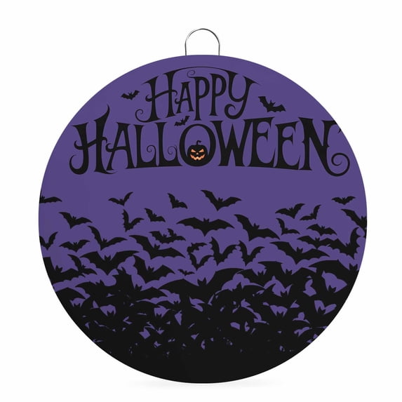 Welcome Sign for Front Door, Happy Halloween Round Metal Wall Art Wreaths, Vintage Purple Pumpkin Bat Outdoor Indoor Wall Hanging Sign for Porch Decor Housewarming Gifts 5.9 Inch