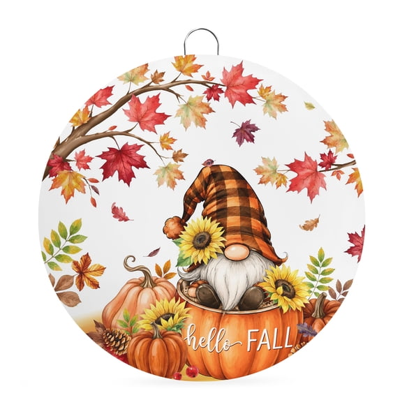 Welcome Sign for Front Door, Hello Fall Round Metal Wall Art Wreaths, Thanksgiving Pumpkins Gnomes Maple Branches Outdoor Indoor Wall Hanging Sign for Porch Decor Housewarming Gifts 5.9 Inch