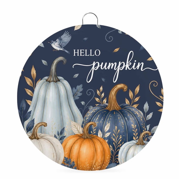 Welcome Sign for Front Door, Hello Pumpkin Fall Round Metal Wall Art Wreaths, Orange Thanksgiving Botanical Navy Blue Outdoor Indoor Wall Hanging Sign for Porch Decor Housewarming Gifts 5.9 Inch