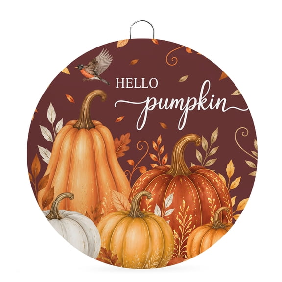 Welcome Sign for Front Door, Hello Pumpkin Round Metal Wall Art Wreaths, Orange Thanksgiving Fall Vintage Brown Outdoor Indoor Wall Hanging Sign for Porch Decor Housewarming Gifts 5.9 Inch