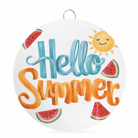 Welcome Sign for Front Door,Hello Summer Round Metal Welcome Front Porch Decoration,Watercolor Watermelon Tropical Fruit Wall Hanging Sign for Living Room Kitchen Hallway Housewarming Gift 8''