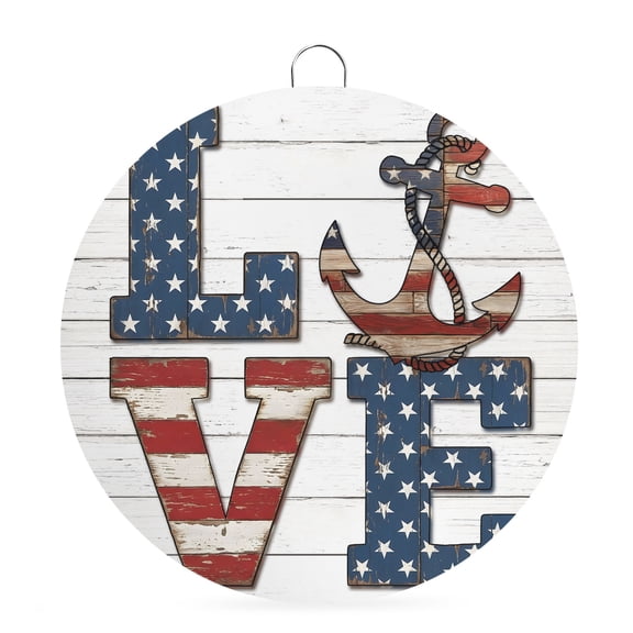 Welcome Sign for Front Door, LOVE 6 Inch Round Metal Sign for Home Decoration, Patriotic USA Flag Navy Stars Nautical Anchor Decorative Wall Signs for Holiday Party Supplies Decor