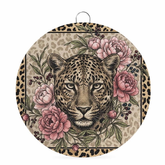 Welcome Sign for Front Door, Leopard Print Round Metal Wall Art Wreaths, Vintage Peony Flower Chic Cheetahs Texture Outdoor Indoor Wall Hanging Sign for Porch Decor Housewarming Gifts 5.9 Inch