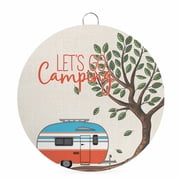 Welcome Sign for Front Door,Let's Go Camping Round Metal Welcome Front Porch Decoration,Modern Camper Van Trees Burlap Rustic Wall Hanging Sign for Living Room Kitchen Hallway Housewarming Gift 6''
