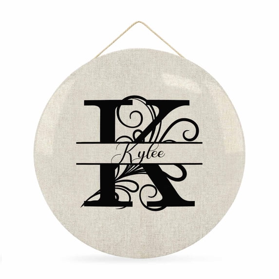 Welcome Sign for Front Door, Letter K 12 Inch Round Metal Sign for Home Decoration, Monogram Words Decorative Wall Signs for Holiday Party Supplies Decor