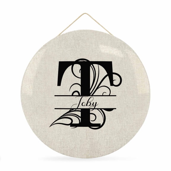Welcome Sign for Front Door, Letter T 12 Inch Round Metal Sign for Home Decoration, Monogram Words Decorative Wall Signs for Holiday Party Supplies Decor