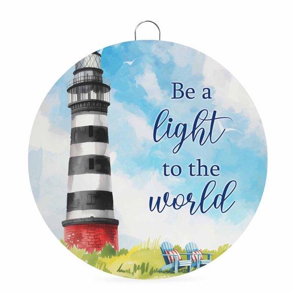 Welcome Sign for Front Door,Lighthouse Round Metal Welcome Front Porch Decoration,Ocean Beach Abstract Summer Oil Painting Wall Hanging Sign for Living Room Kitchen Hallway Housewarming Gift 6''