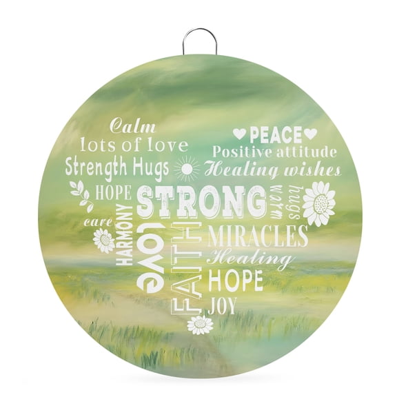Welcome Sign for Front Door, Love Peace Text 6 Inch Round Metal Sign for Home Decoration, Green Inspirational Quotes Sunflowers Decorative Wall Signs for Holiday Party Supplies Decor