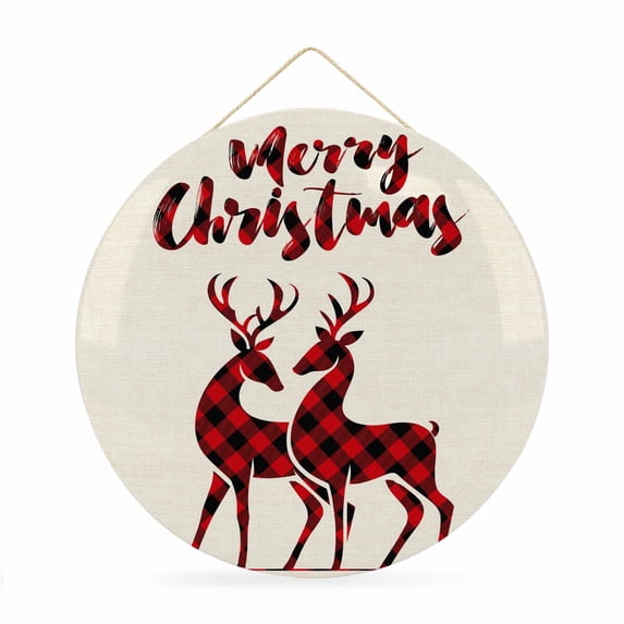 Welcome Sign for Front Door, Merry Christmas Round Metal Wall Art Wreaths, Beige Xmas Elk Seasonal Winter Holiday Outdoor Indoor Wall Hanging Sign for Porch Decor Housewarming Gifts 11.8 Inch