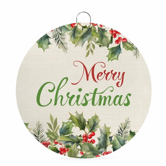 Welcome Sign for Front Door, Merry Christmas Round Metal Wall Art Wreaths, Holly Leaves Red Berries Xmas Pine Needles Outdoor Indoor Wall Hanging Sign for Porch Decor Housewarming Gifts 7.9 Inch