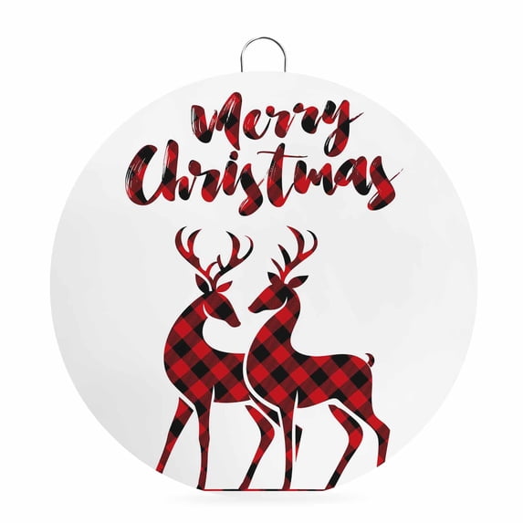 Welcome Sign for Front Door, Merry Christmas Round Metal Wall Art Wreaths, Plaid Xmas Elk Seasonal Winter Holiday Outdoor Indoor Wall Hanging Sign for Porch Decor Housewarming Gifts 5.9 Inch