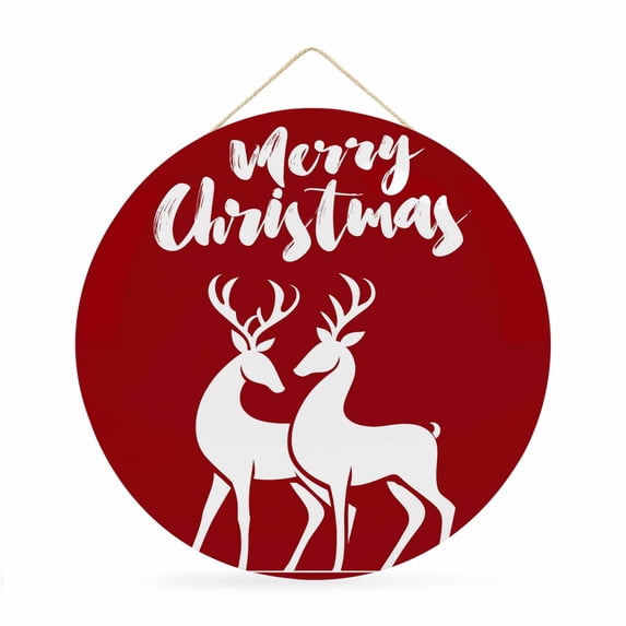 Welcome Sign for Front Door, Merry Christmas Round Metal Wall Art Wreaths, Red Xmas Elk Seasonal Winter Holiday Outdoor Indoor Wall Hanging Sign for Porch Decor Housewarming Gifts 11.8 Inch