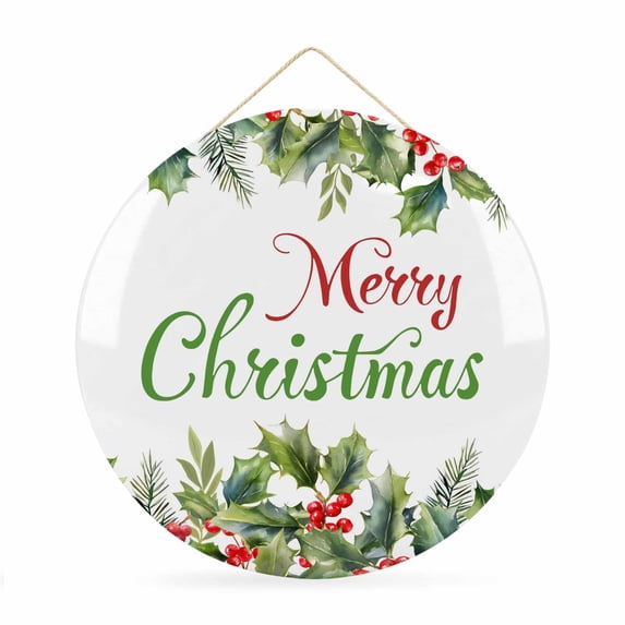 Welcome Sign for Front Door, Merry Christmas Round Metal Wall Art Wreaths, Xmas Green Leaves Berries Pine Needles Holiday Outdoor Indoor Wall Hanging Sign for Porch Decor Housewarming Gifts 11.8 Inch