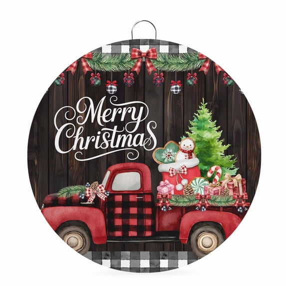Welcome Sign for Front Door, Merry Christmas Round Metal Wall Art Wreaths, Xmas Tree Truck Balls Gifts Brown Wood Outdoor Indoor Wall Hanging Sign for Porch Decor Housewarming Gifts 5.9 Inch