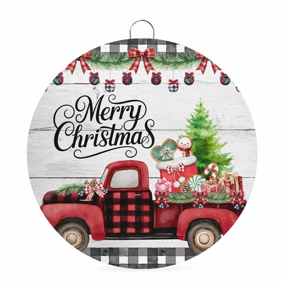 Welcome Sign for Front Door, Merry Christmas Round Metal Wall Art Wreaths, Xmas Tree Truck Balls Gifts Grey Wood Outdoor Indoor Wall Hanging Sign for Porch Decor Housewarming Gifts 7.9 Inch