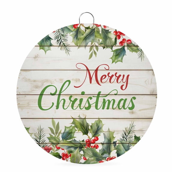 Welcome Sign for Front Door, Merry Christmas Round Metal Wall Art Wreaths, Xmas Winter Pine Needles Berries Wood Outdoor Indoor Wall Hanging Sign for Porch Decor Housewarming Gifts 7.9 Inch