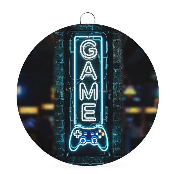 Welcome Sign for Front Door, Modern Game Neon 6 Inch Round Metal Sign for Home Decoration, Game Zone Geometric Rustic Brick Decorative Wall Signs for Holiday Party Supplies Decor