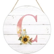 Welcome Sign Front for Door Monogram Initial C Pink Round Wood Sign Alphabet Sunflower Floral Wooden Plaques Garden Flower 12in Farmhouse Decorative Hanging Sign For Home Kitchen Bath Living Room