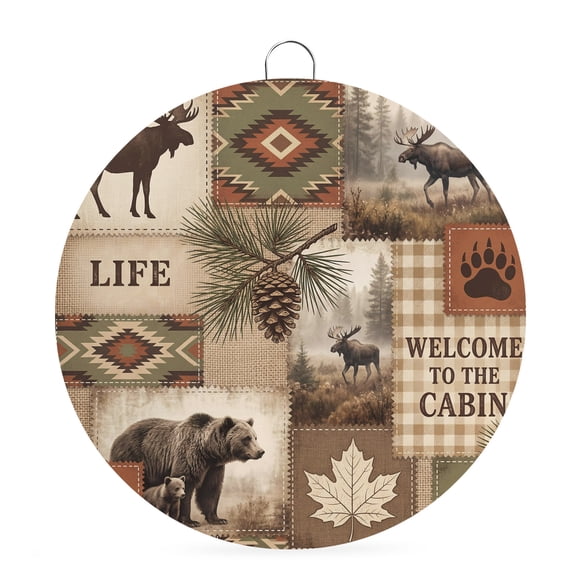 Welcome Sign for Front Door, Moose Bear Round Metal Wall Art Wreaths, Forest Wildlife Pinecone Branch Rustic Country Outdoor Indoor Wall Hanging Sign for Porch Decor Housewarming Gifts 5.9 Inch