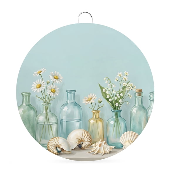 Welcome Sign for Front Door,Nautical Conch Shell Round Metal Welcome Front Porch Decoration,Sea Glass Bottles Coastal Floral Wall Hanging Sign for Living Room Kitchen Hallway Housewarming Gift 6''
