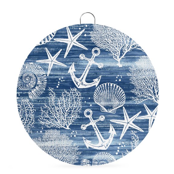 Welcome Sign for Front Door,Navy Blue Anchor Nautical Round Metal Welcome Front Porch Decoration,Coastal Beach Coral Starfish Wall Hanging Sign for Living Room Kitchen Hallway Housewarming Gift 6''