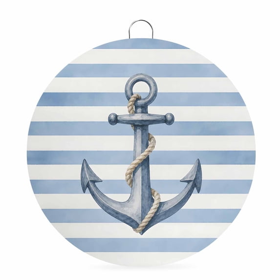 Welcome Sign for Front Door, Navy Blue Anchor Round Metal Wall Art Wreaths, Coastal Nautical Summer Striped Outdoor Indoor Wall Hanging Sign for Porch Decor Housewarming Gifts 7.9 Inch