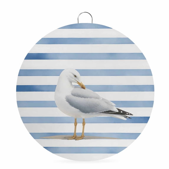Welcome Sign for Front Door, Navy Blue Birds Round Metal Wall Art Wreaths, Coastal Nautical Summer Striped Outdoor Indoor Wall Hanging Sign for Porch Decor Housewarming Gifts 5.9 Inch