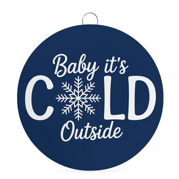 Welcome Sign for Front Door, Navy Blue Christmas 8 Inch Round Metal Sign for Home Decoration, Winter Xmas Funny Snowflakes Letters Decorative Wall Signs for Holiday Party Supplies Decor