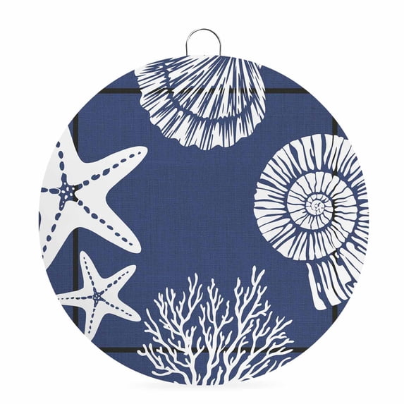 Welcome Sign for Front Door, Navy Blue Coastal Round Metal Wall Art Wreaths, Square Coral Starfish Beach Outdoor Indoor Wall Hanging Sign for Porch Decor Housewarming Gifts 7.9 Inch