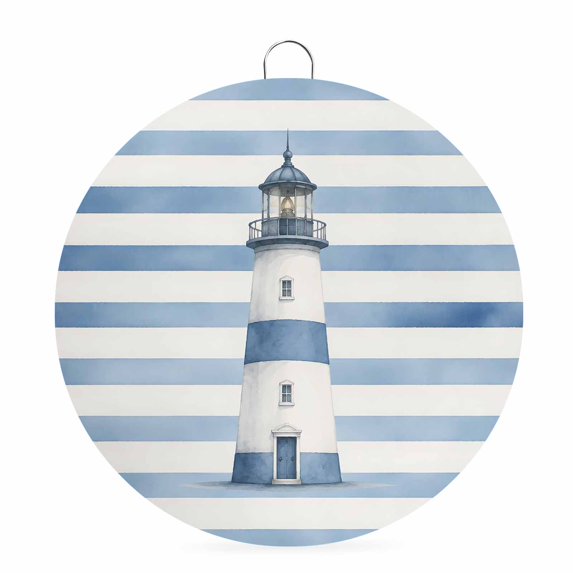 Welcome Sign for Front Door, Navy Blue Lighthouse Round Metal Wall Art Wreaths, Coastal Nautical Summer Striped Outdoor Indoor Wall Hanging Sign for Porch Decor Housewarming Gifts 7.9 Inch