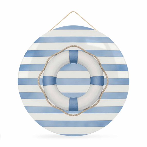 Welcome Sign for Front Door, Navy Blue Ocean Round Metal Wall Art Wreaths, Coastal Nautical Summer Striped Outdoor Indoor Wall Hanging Sign for Porch Decor Housewarming Gifts 11.8 Inch