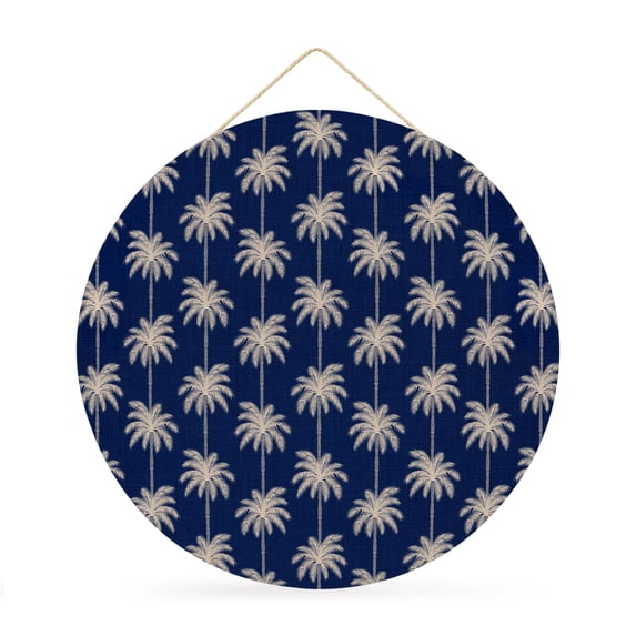 Welcome Sign for Front Door, Navy Blue Palm Trees Round Metal Wall Art Wreaths, Tropical Summer Botanical Seaside Outdoor Indoor Wall Hanging Sign for Porch Decor Housewarming Gifts 11.8 Inch
