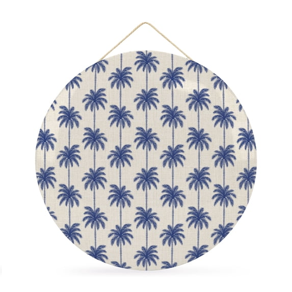Welcome Sign for Front Door, Navy Blue Palm Trees Round Metal Wall Art Wreaths, Tropical Summer Seaside Rustic Outdoor Indoor Wall Hanging Sign for Porch Decor Housewarming Gifts 11.8 Inch
