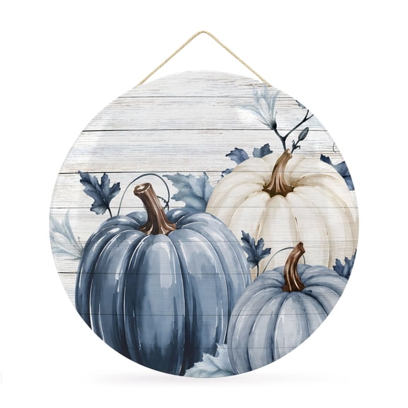 Welcome Sign for Front Door, Navy Blue Pumpkin Fall Round Metal Wall Art Wreaths, Thanksgiving Botanical Wooden Outdoor Indoor Wall Hanging Sign for Porch Decor Housewarming Gifts 11.8 Inch
