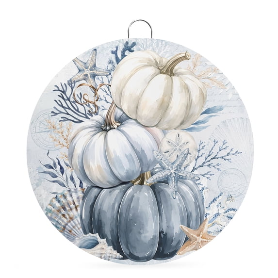 Welcome Sign for Front Door, Navy Blue Pumpkins Fall Round Metal Wall Art Wreaths, Thanksgiving Coastal Nautical Pumpkin Outdoor Indoor Wall Hanging Sign for Porch Decor Housewarming Gifts 7.9 Inch