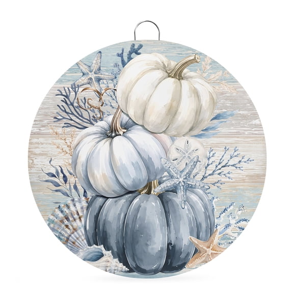 Welcome Sign for Front Door, Navy Blue Pumpkins Fall Round Metal Wall Art Wreaths, Thanksgiving Vintage Coastal Outdoor Indoor Wall Hanging Sign for Porch Decor Housewarming Gifts 5.9 Inch