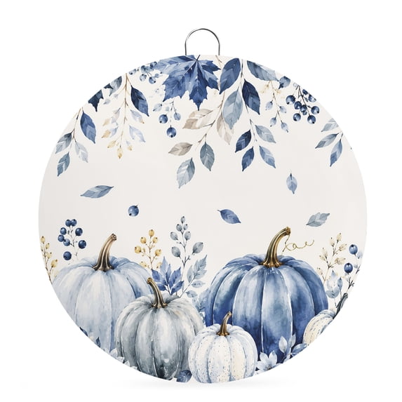 Welcome Sign for Front Door, Navy Blue Pumpkins Fall Round Metal Wall Art Wreaths, Thanksgiving Weeping Leaves Floral Outdoor Indoor Wall Hanging Sign for Porch Decor Housewarming Gifts 7.9 Inch