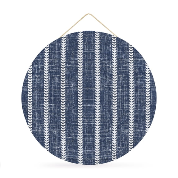 Welcome Sign for Front Door, Navy Blue Stripes Round Metal Wall Art Wreaths, Vintage Rustic Simple Lines Pattern Outdoor Indoor Wall Hanging Sign for Porch Decor Housewarming Gifts 11.8 Inch