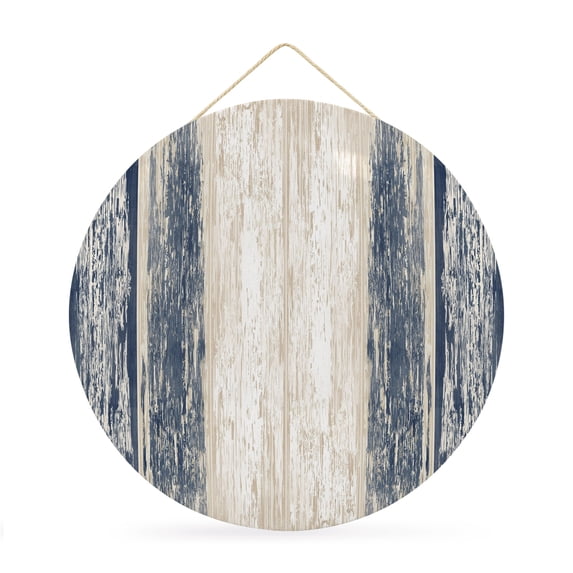 Welcome Sign for Front Door, Navy Blue Wooden Round Metal Wall Art Wreaths, Farmhouse Brown Vintage Distressed Outdoor Indoor Wall Hanging Sign for Porch Decor Housewarming Gifts 11.8 Inch