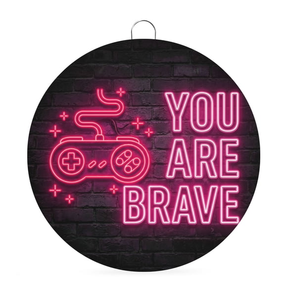 Welcome Sign for Front Door, Neon Video Game 6 Inch Round Metal Sign for Home Decoration, Pink Text Graffiti Brick Art Black Decorative Wall Signs for Holiday Party Supplies Decor