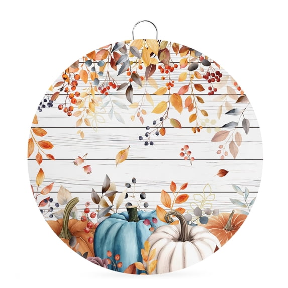 Welcome Sign for Front Door, Orange Blue Fall Round Metal Wall Art Wreaths, Pumpkins Botanical Thanksgiving Wooden Outdoor Indoor Wall Hanging Sign for Porch Decor Housewarming Gifts 5.9 Inch