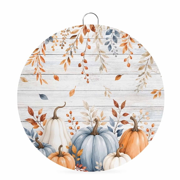 Welcome Sign for Front Door, Orange Blue Pumpkins Fall Round Metal Wall Art Wreaths, Thanksgiving Wooden Weeping Outdoor Indoor Wall Hanging Sign for Porch Decor Housewarming Gifts 5.9 Inch
