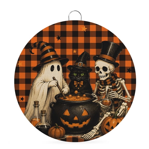 Welcome Sign for Front Door, Orange Checkered Halloween Round Metal Wall Art Wreaths, Funny Ghost Black Cat Skull Outdoor Indoor Wall Hanging Sign for Porch Decor Housewarming Gifts 7.9 Inch