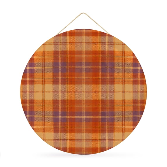 Welcome Sign for Front Door, Orange Checkered Round Metal Wall Art Wreaths, Country Farmhouse Buffalo Plaid Outdoor Indoor Wall Hanging Sign for Porch Decor Housewarming Gifts 11.8 Inch