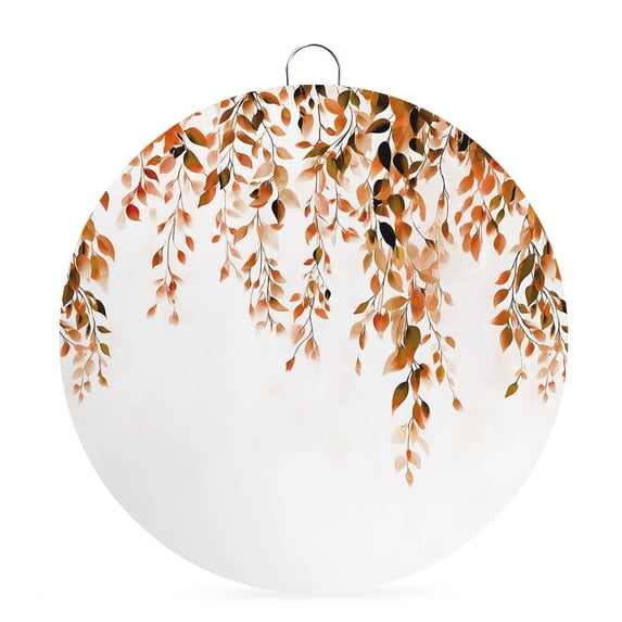 Welcome Sign for Front Door,Orange Eucalyptus Round Metal Welcome Front Porch Decoration,Fall Weeping Botanical Leaf Watercolor Wall Hanging Sign for Living Room Kitchen Hallway Housewarming Gift 8''