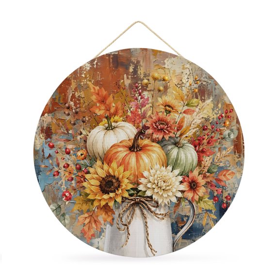 Welcome Sign for Front Door, Orange Fall Round Metal Wall Art Wreaths, Thanksgiving Pumpkins Sunflowers Botanical Outdoor Indoor Wall Hanging Sign for Porch Decor Housewarming Gifts 11.8 Inch